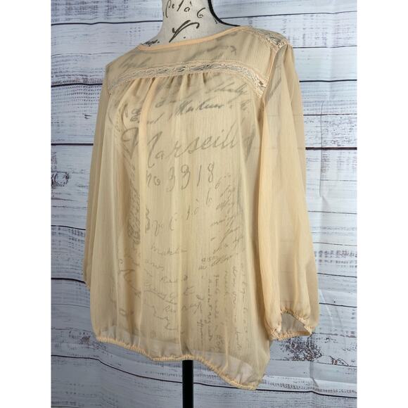Lily White Blouse Top Womens L Sheer Chiffon Lace Keyhole 3/4 Sleeves Layering - Picture 4 of 10